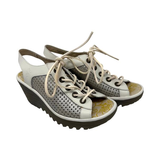 Fly London Shoes - Fly London Yuta Wedge Sandal Cream Platinum Leather Laces Size 38 EUC